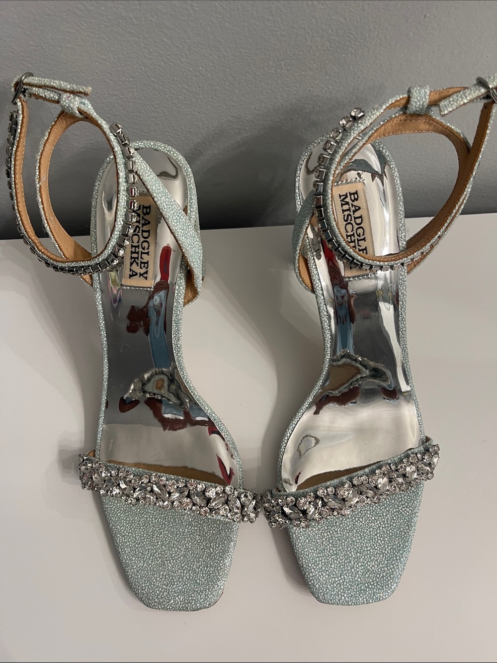 Badgley Mischka Silver Crystal-Embellished Strappy Heels
